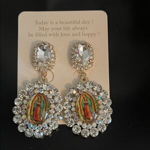 Crystal Rhinestone Religious Earrings Virgen Lady of Guadalupe